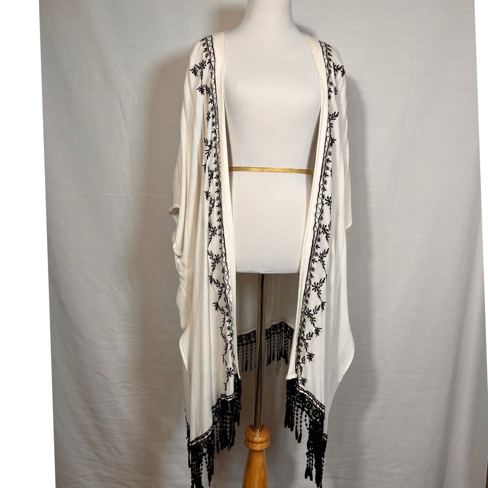 White Embroidered Kimono Wrap with Black Lace Tassel Fringe Trim Bohemian